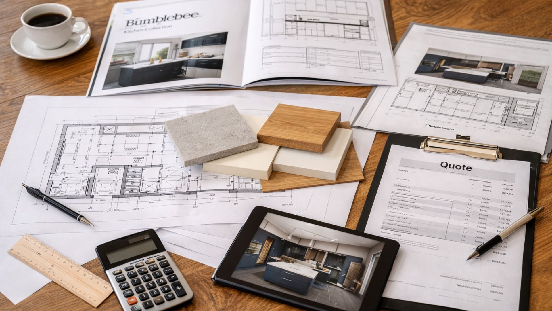 An Image showing all the docs and information for a kitchen design. 