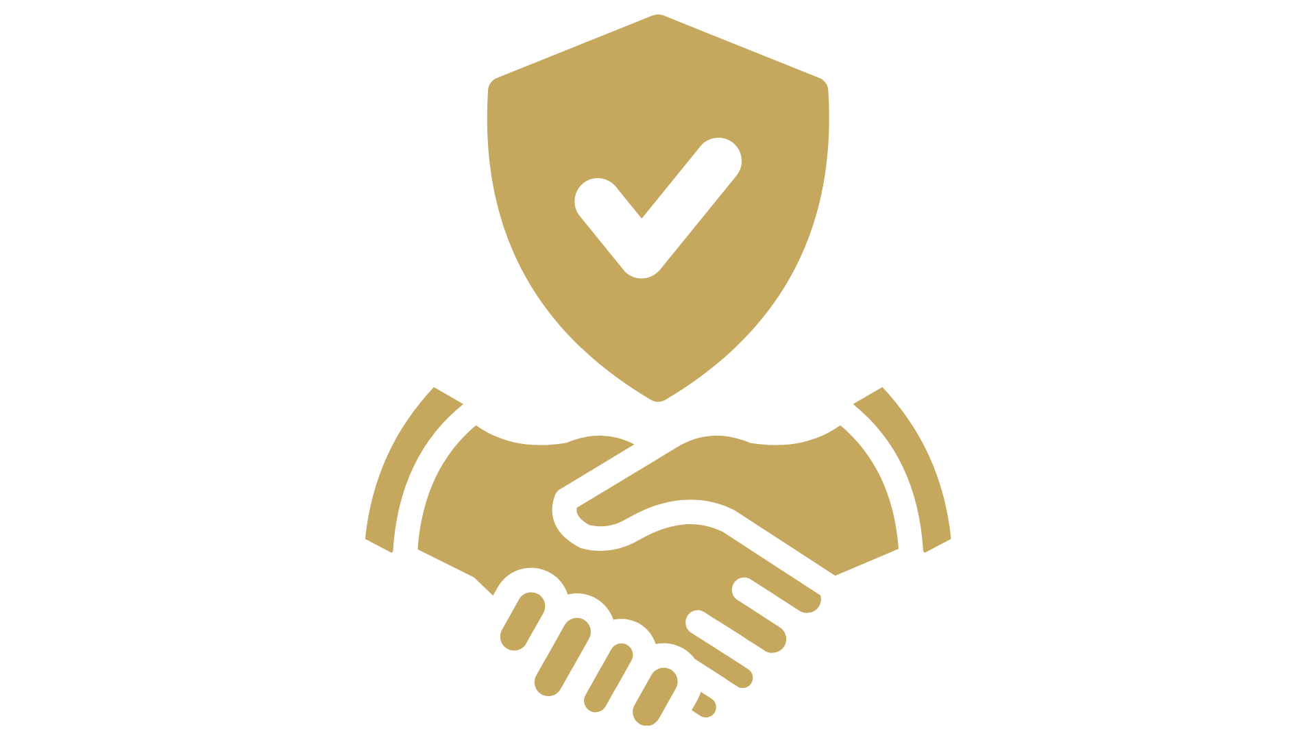 A line drawing of a handshake under a shield with a tick mark. 